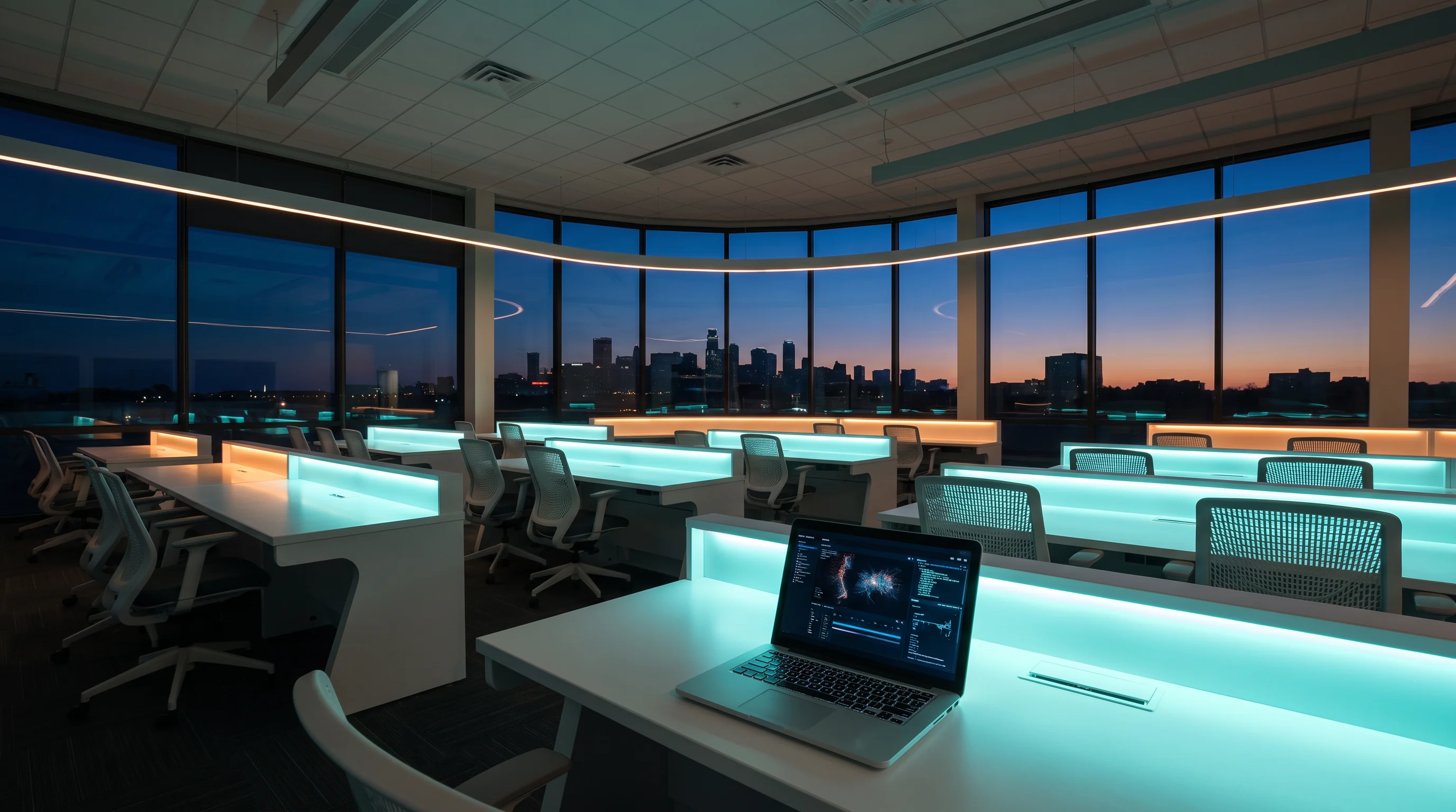 A bright future-focused computer lab at dusk