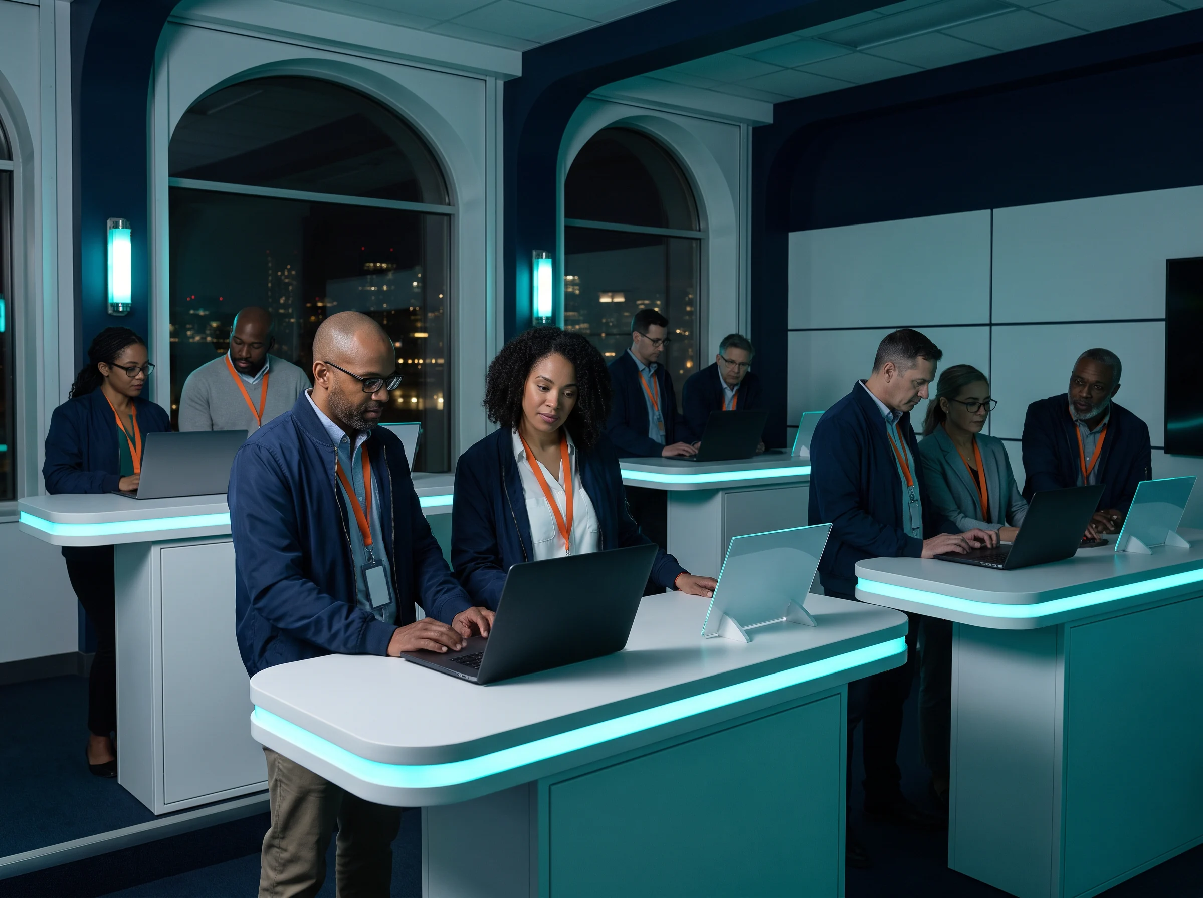 Learners working together in a night-time mission control room