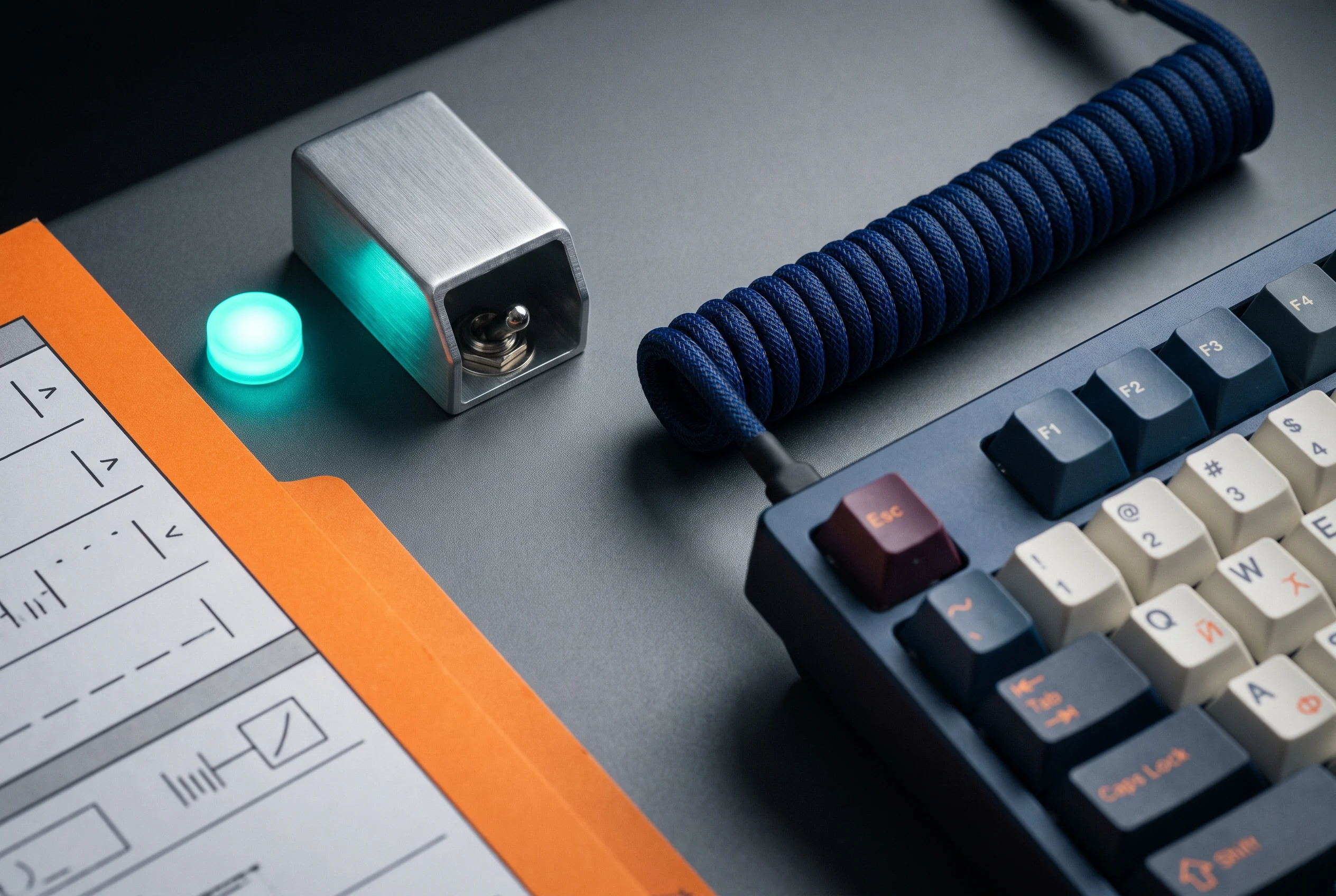 A tactile console button and keyboard on a technical work surface