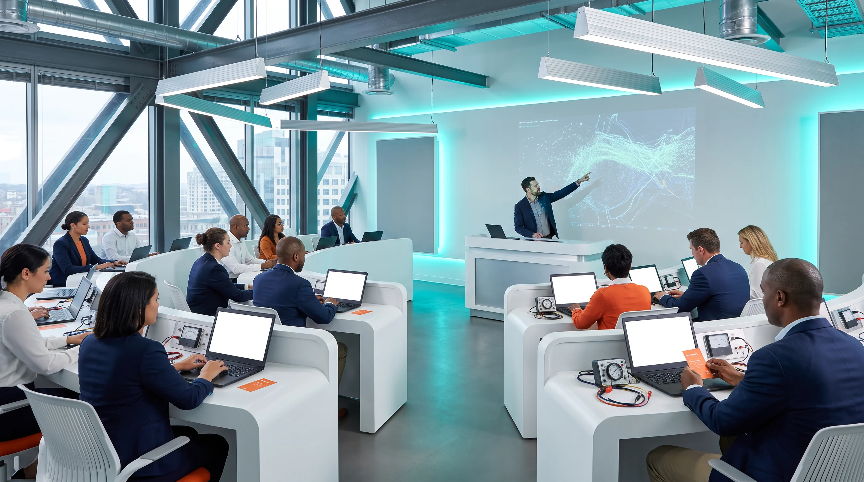 Instructor presenting a system visualization to a classroom of learners