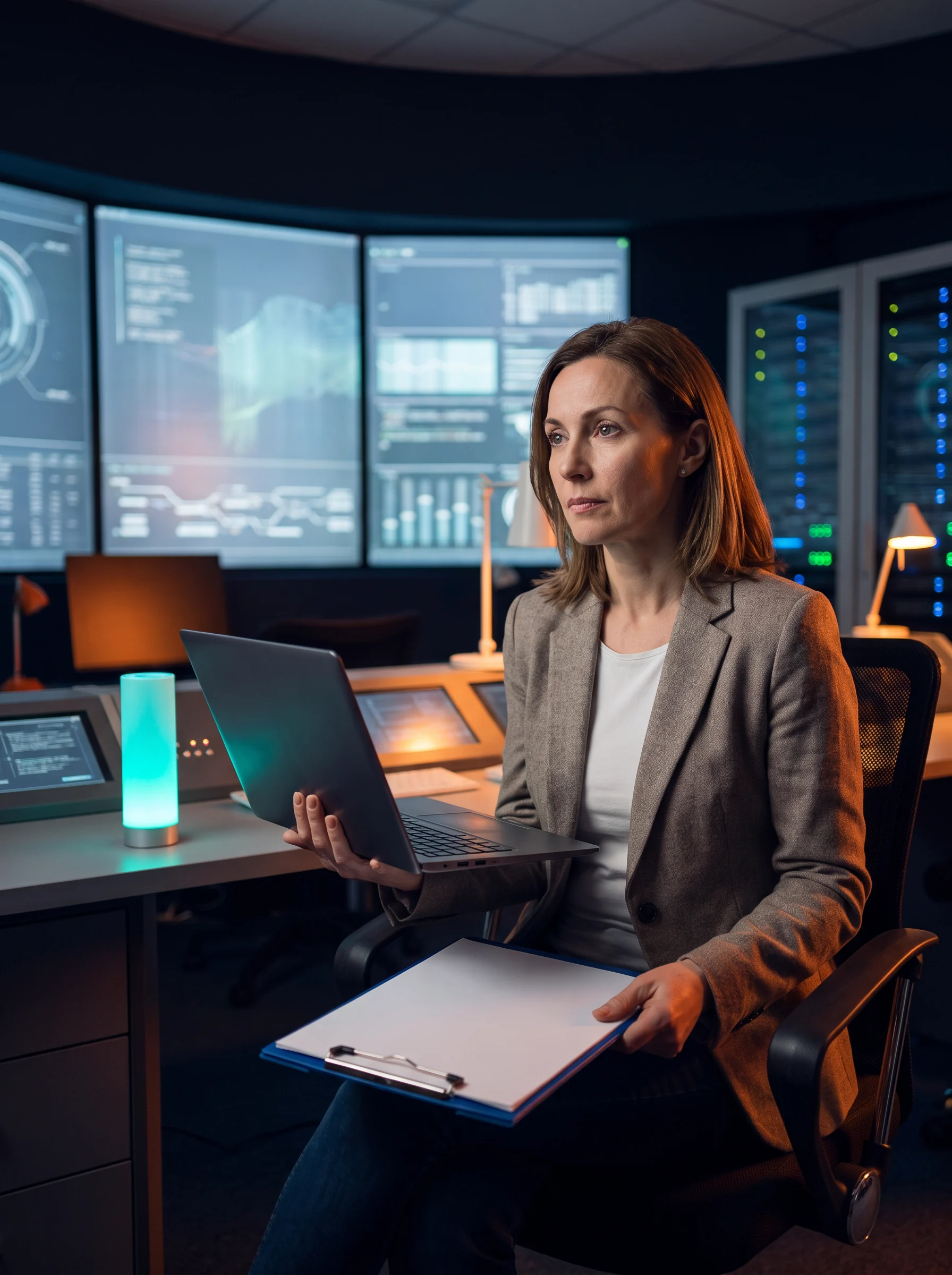 A mission support specialist at a technical console