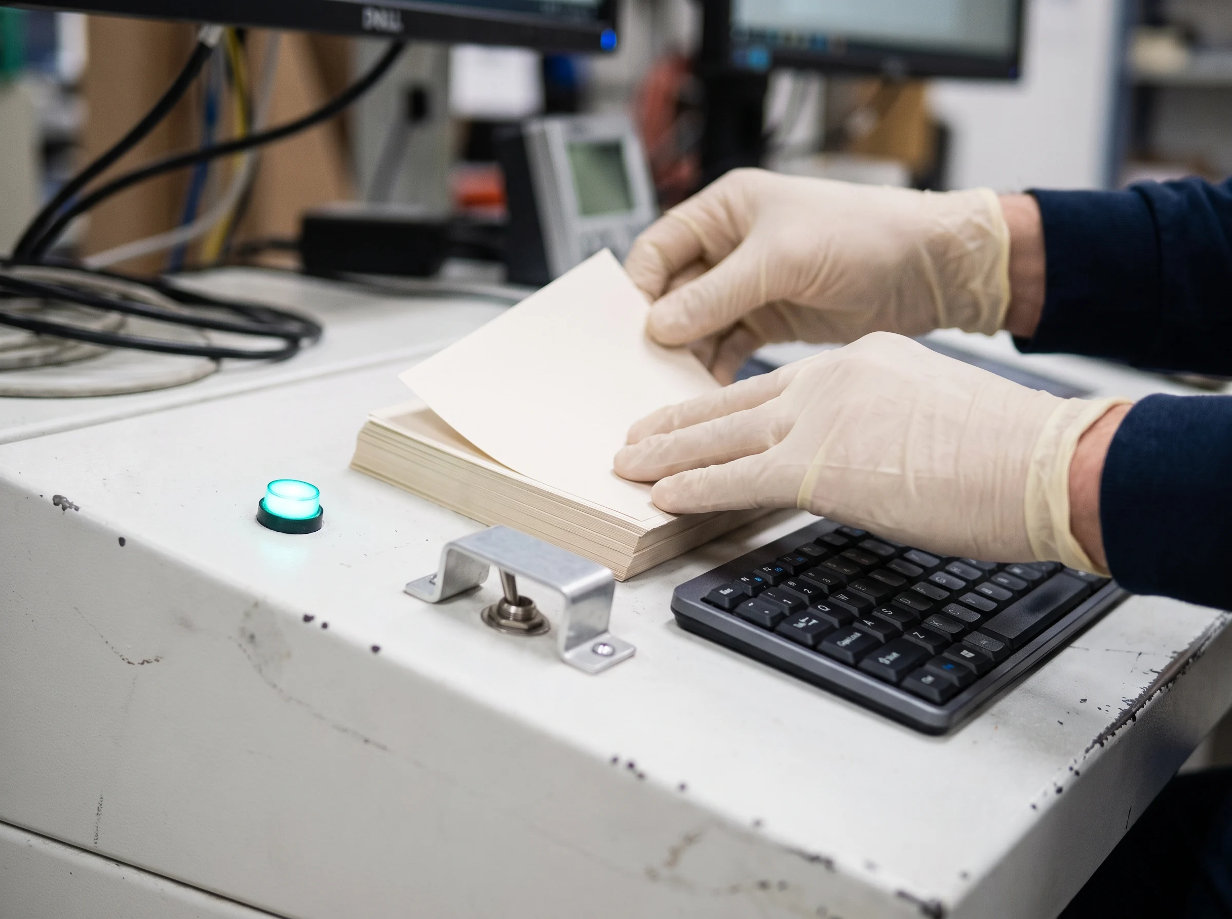 A technician checking notes at a practical workbench