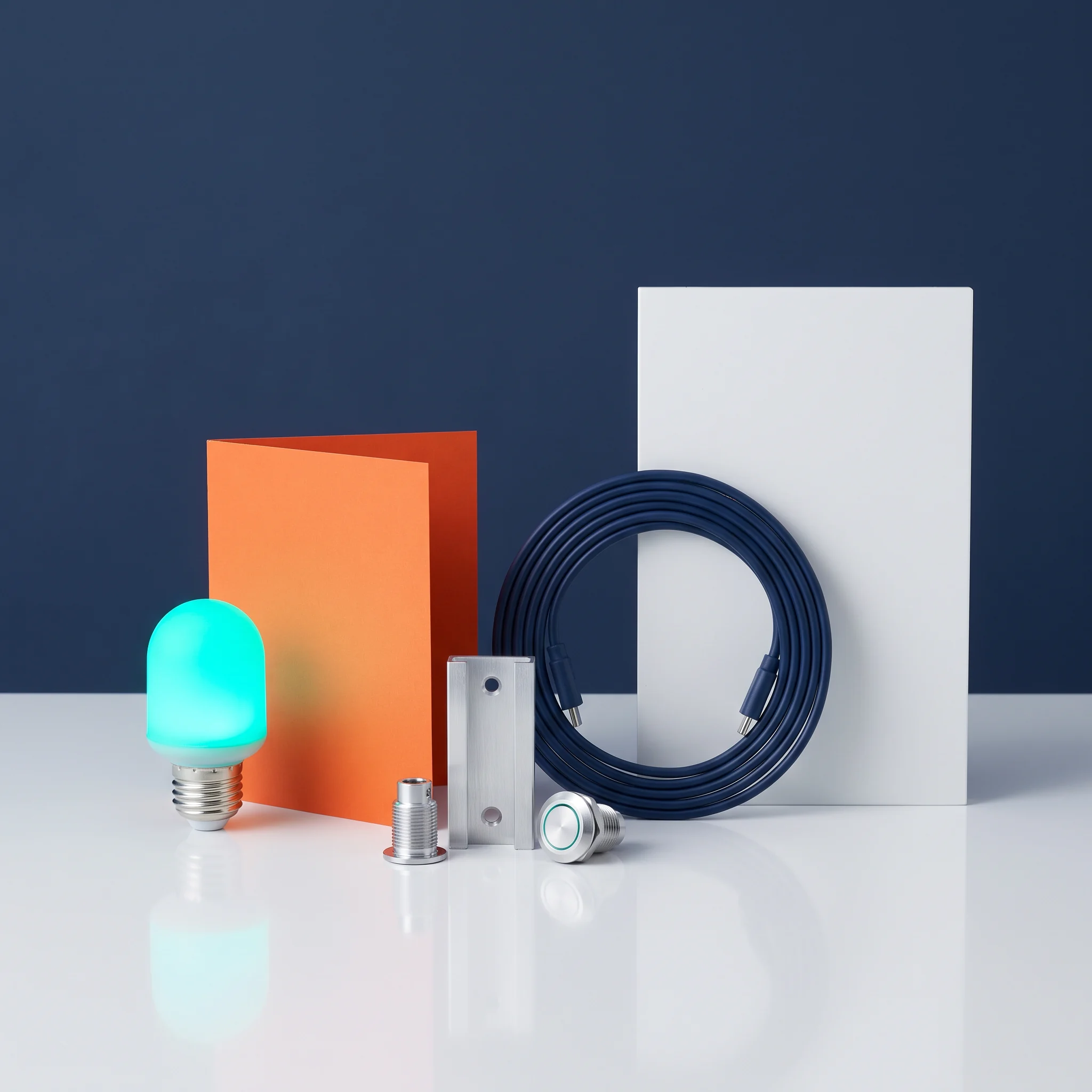 Aqua light, cable and aluminum components arranged as a technical kit